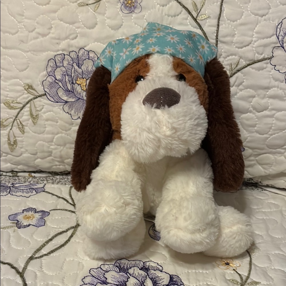 Plush Dog Toy with Blue Floral Bandana-she sits up.